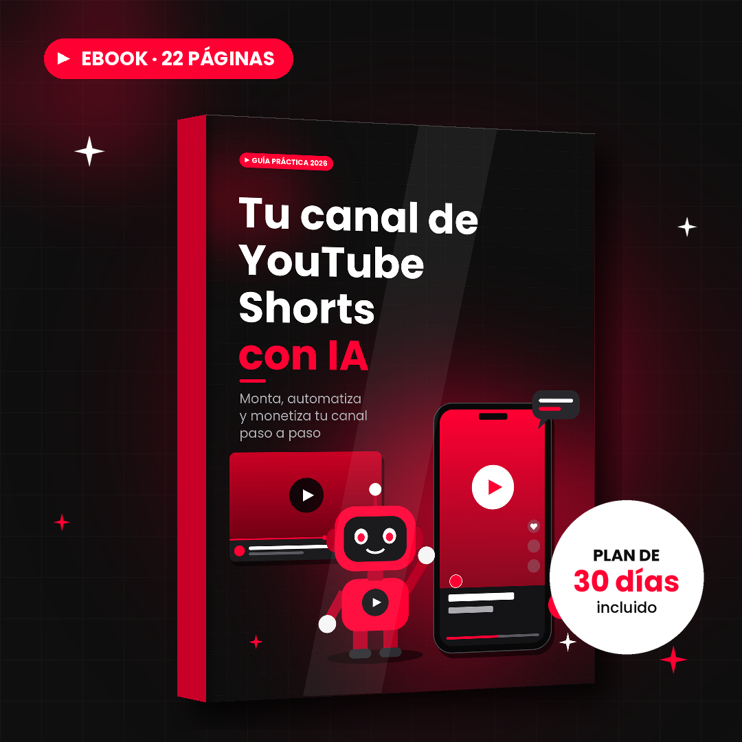 Portada del ebook Tu canal de YouTube Shorts con IA, con un robot sonriente y un móvil